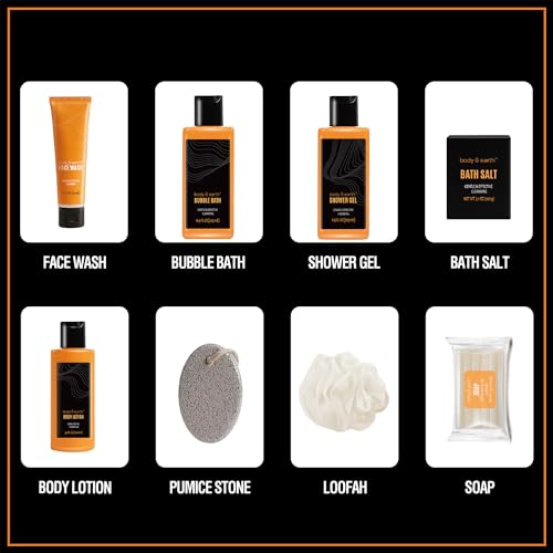 Body & Earth Gift Baskets for Men Bath Set Citrus Scented Bath and Body Gift Set with Body Lotion, Face Wash, Shower Gel, Bubble Bath, Loofah, Birthday Gifts