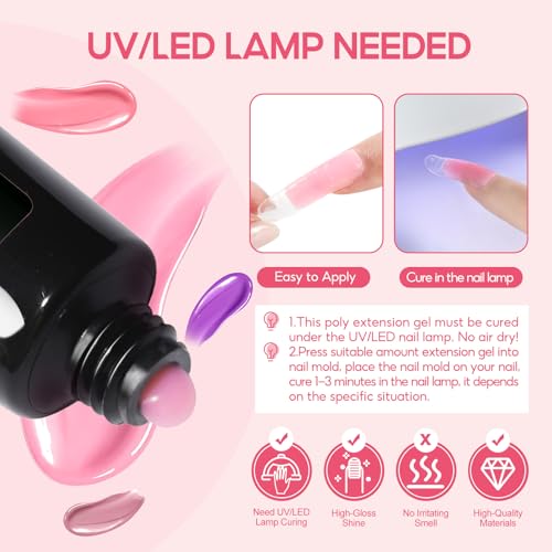 COSCELIA 44PC Poly Nail Gel Kit Starter Kit 16ML 15 Colors Poly Extension Gel with U V Lamp Slip Solution Glitter Decorations Nail Extension Gifts for Women