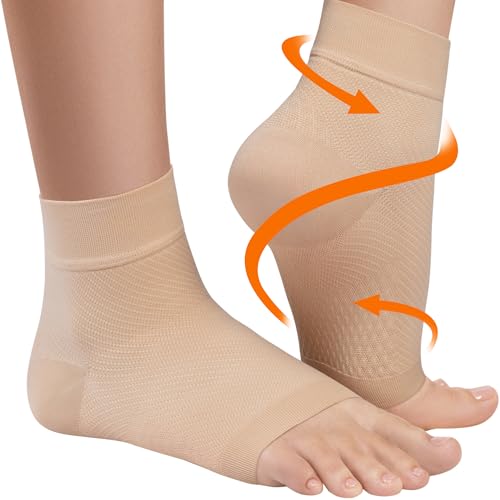 KEMFORD Ankle Compression Sleeve - Plantar Fasciitis Braces - Open Toe Compression Socks for Swelling, Sprain, Neuropathy, Arch Support for Men and Women - 15-20mmhg, 2XL, Beige