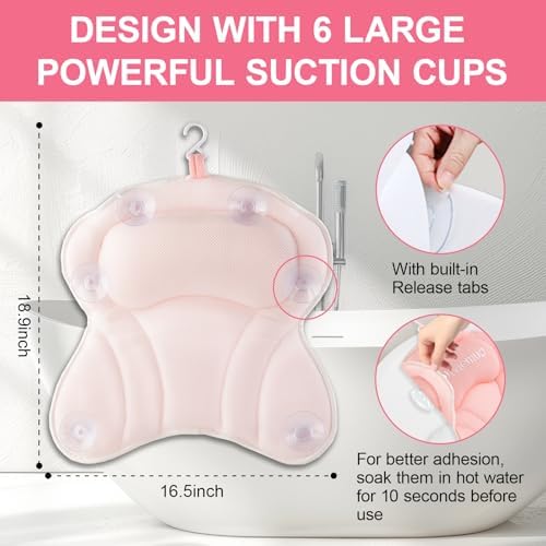 Bath Pillows for Tub, Bath Pillow Luxury Bathtub Pillow, Comfy Bath Tub Pillow for Bathtub for Head and Neck with Non-Slip Suction Cups for Tub, Relaxing Bath Accessories Spa Gifts-Pink