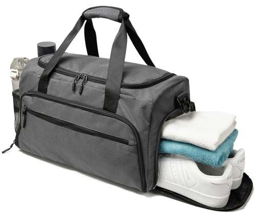 Gym Bag for Men Women, Small Fitness Workout Sports Duffle Bag with Wet Pocket & Shoes Compartment, Water Resistant Overnight Weekender Duffel Bag in Grey