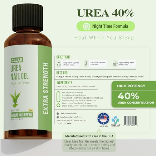 CLEAR Urea Nail Gel with Tea Tree Oil Made in USA β Night Time Formula -Softens, Hydrates & Repairs Nails βUrea Gel with Fast & Visible Results, Trusted by Health Professionals