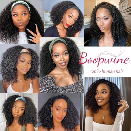 Kinky Curly Headband Wig Human Hair 20 Inch Headband Wigs for Women Human Hair Glueless None Lace Front Curly Wave Wigs Brazilian Virgin Hair Wear and Go Glueless Wig 150% Density Natural Black Color