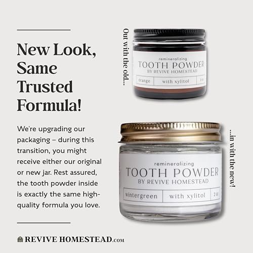 Hydroxyapatite Tooth Powder by Revive Homestead | Remineralizing Toothpaste Powder | Fluoride-Free | Whitening | Natural | 2 oz Amber Glass Jar (with Erythritol) (Wintergreen)