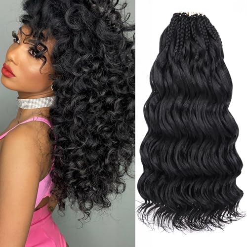 Leeven 14 Inch Pre Looped Ocean Wave Crochet Hair 8 Packs Black Short Curly Crochet Hair Boho Ocean Braids Pre Twisted Synthetic Deep Wavy Crochet Hair for Women