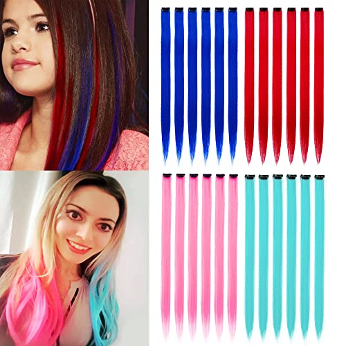 KGBFASS 22” Colored Clip in Hair Extensions Blue Straight Hair Extensions Clip in for Kids Multi-Colors Party Highlights Hairpieces(Blue,Pink)