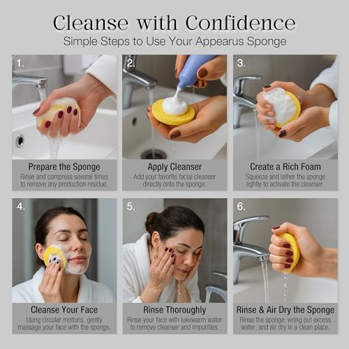 Appearus Natural Cellulose Facial Sponges – 50 Pack (Compressed) – Professional Spa Facial Sponge Pads for Cleansing, Exfoliating, Makeup Removal – Natural Yellow – Gentle on Sensitive Skin