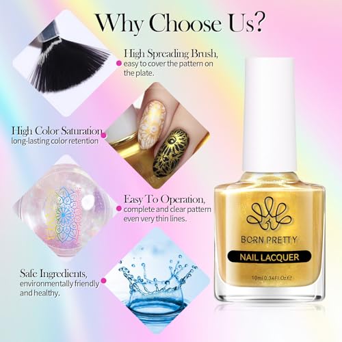 Born Pretty Nail Stamping Polish, 12 Colors Neon Metallic Effect Fingernail Stamp Polish Set Manicure Print Nail Polish for Stamping Plates Bulk Gift Collection 10ml 0.34fl oz Ideal Gifts