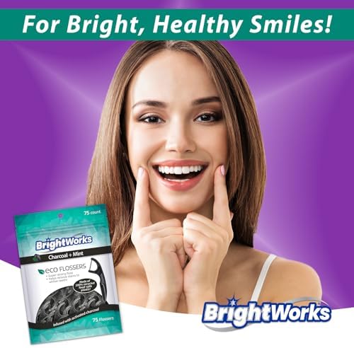 Brightworks ECO Sustainable Floss Picks - 225 Count - PFAS Free - Made in USA Charcoal + Mint Infused 100% Post-Consumer Recycled Plastic with Micro-Crystals for Oral Care Hygiene Gum Health