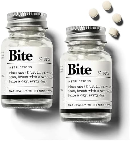Bite Whitening Toothpaste Tablets β Nano Hydroxyapatite & Xylitol (Mint) | Sensitive Teeth Friendly | No Fluoride, Vegan, Cruelty-Free | Travel-Size | 2 Bottles (124 Bits) | Made in USA