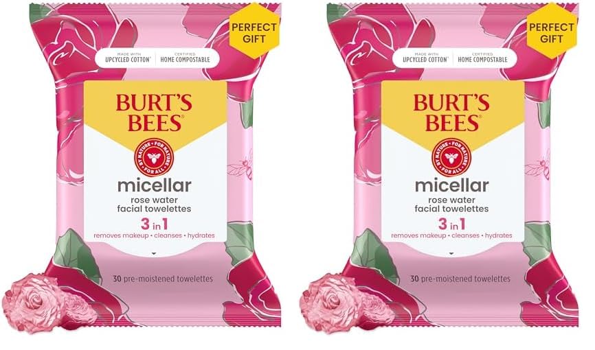 Burt's Bees Micellar Facial Towelettes With Rose Water, Pre-Moistened Towelettes for All Skin Types, 99.5 Percent Natural Origin Skin Care, 30 ct. Package (Pack of 2)