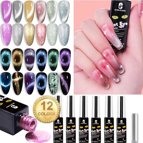 Clara Colors Cat Eye Gel Nail Polish Set - 12 Holographic Glitter Colors With Magnet, Romantic Galaxy Series, Long Lasting Soak Off UV LED