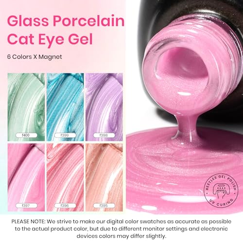 Beetles Cat Eye Gel Nail Polish Set, 6 Colors Pastel Shimmer Glitter Gel Polish Kit Soak Off LED UV Curing Requires Pink Red Blue Orange Green Purple Velvet Gel with Magnet Gift for Women