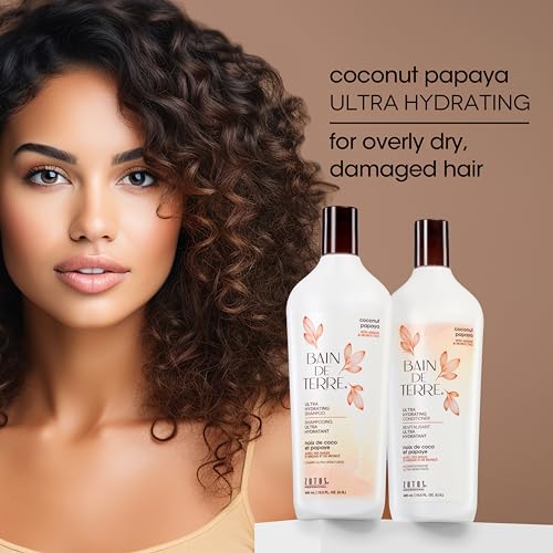 Bain de Terre Coconut Papaya Ultra Hydrating Shampoo, Moisture Quench for Dry, Damaged Hair, with Argan & Monoi Oils, Paraben-Free, Color-Safe, Vegan