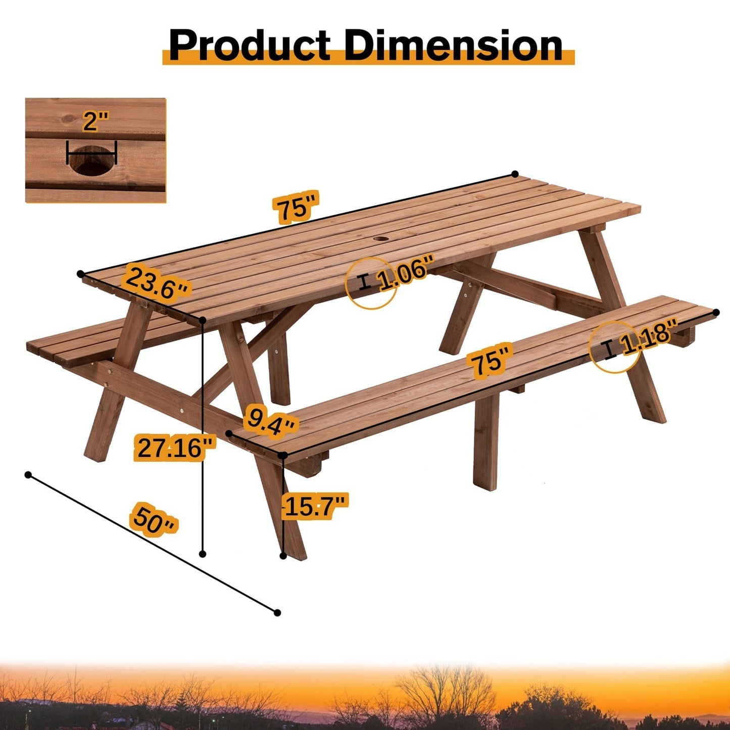 75-Inch Wooden Picnic Table, 8-Person Outdoor Dining Table with 2 Built-In Benches, 2,220 lbs Capacity, Durable Brown Wood for Garden, Patio, Camping, and DIY Projects(Brown)