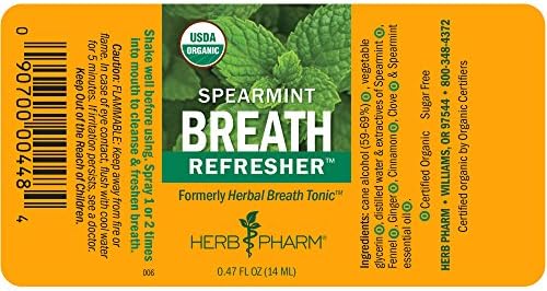 Herb Pharm Breath Refresher Certified Organic Herbal Fresh Breath Spray with Spearmint Essential Oil - 1/2 Ounce