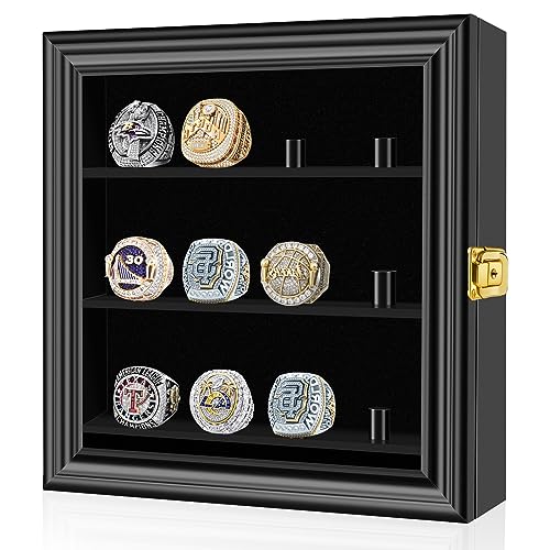 Championship Ring Display Case, 12 Ring Posts Baseball Ring Holder, Baseball Ring Display Case Lockable Wall Mount Wooden Shadow Box for Multiple Championship Rings