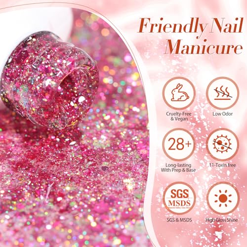 Born Pretty Glitter Sequins Gel Nail Polish, Sparkle Shiny Gel Polish, Pink Blue Gold Platinum Holiday Gift Gel Polish Design, Nail Art Starter Manicure Salon DIY at Home 7ML 6PCS