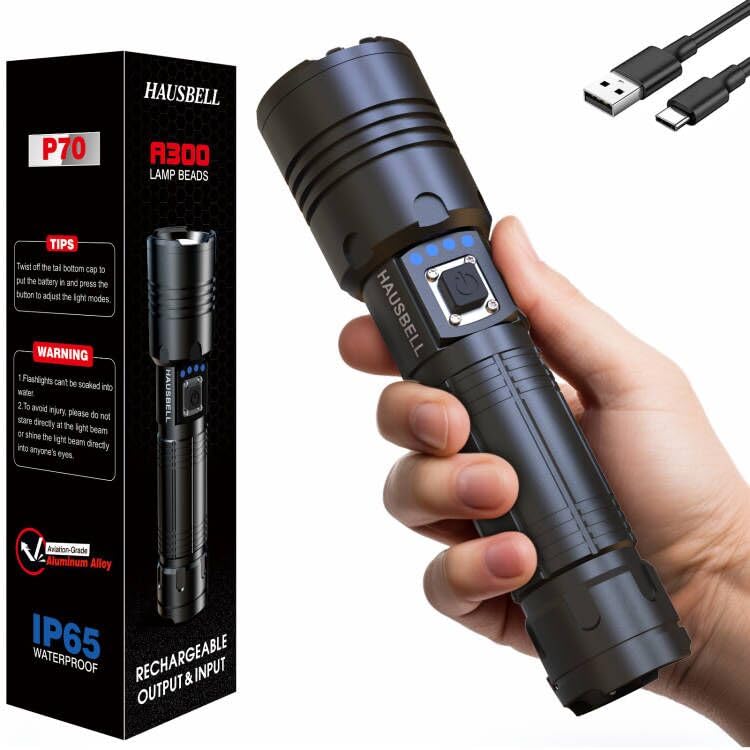 HAUSBELL LED A100 Flashlight Bright, Zoomable Tactical Flashlights Flash Light with High Lumens and 5 Modes for Emergency and Outdoor Use Camping Accessories (1 Pack)