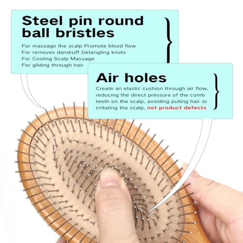 Bamboo Hair Brush, Smoothing Hair & Massage Scalp, Detangling Anti-Static Hairbrush, Natural Wood Brush with Metal Bristles for Women, Men & Children