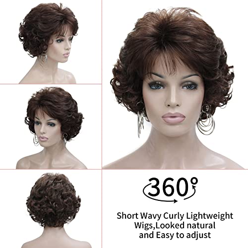Kalyss Dark Brown Short Curly Wavy Wig with Hair Bangs 100% Imported Premium Synthetic Fashion Brown Hair Wigs for Women (Brown)