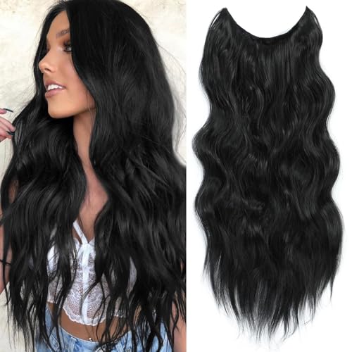 BUPPLER Halo Hair Extensions 24 Inch Invisible Wire Hair Extensions Adjustable Long Wavy Hairpiece Synthetic Upgrade 4 Secure Clips in Hairpieces 24 Inch,Jet