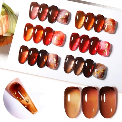 Jelly Amber Gel Polish Set - 6 Translucent Nude Gel Nail Polish, Sheer Tortoise, Red Coral, Burnt Orange, Grey, Amber, Brown - Soak Off UV LED Manicure Art Kit For DIY Home