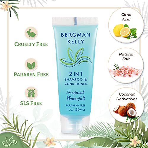BERGMAN KELLY Round Soap Bars, 2in1 Shampoo & Conditioner 2-Piece Set (Tropical Waterfall, 1 oz each, 100 pc), Delight Your Guests with Revitalizing & Refreshing Sanitary Toiletries & Hotel Amenities