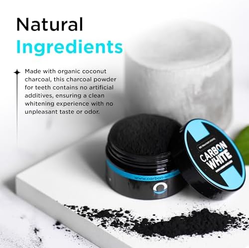 CARBON WHITE Teeth Whitening Powder - Natural Activated Coconut Charcoal Tooth Powder for Removing Stains & Discoloration - Helps Fight Tartar & Plaque, Freshens Breath - Tasteless, Odorless - 30g