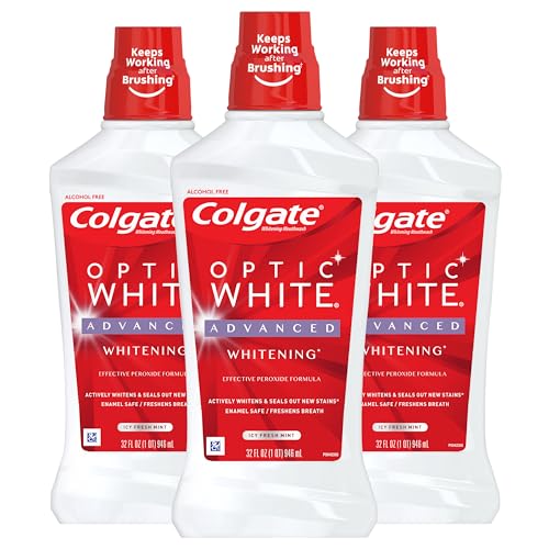 Colgate Optic White Whitening Mouthwash with Hydrogen Peroxide, Alcohol Free, Icy Fresh Mint - 32 fluid ounces (3 Pack)