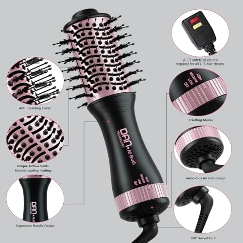DAN Dual Voltage Hair Dryer Brush, Auto Dual Voltage 110V-120V/220V-240V Travel Hair Dryer Brush,Small Hot Air Brush with Multifunctional Conversion Plug,4 in 1 Blow Dryer Brush and Styler Volumizer