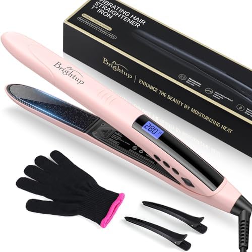Brightup Tourmaline Ceramic Hair Straightener and Curler 2 in 1 with 1 Inch Vibrating Plates, Ionic Flat Iron with 10 Temp Control/Auto Shut Off, 20S Fast Heating for Smooth Long Lasting Results, Pink