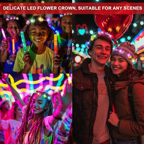 30 Pcs LED Flower Crown Headband,led Headbands,Light Up Flower Headbands for Women,Garlands Glowing Floral Wreath Crowns for Weddings,Halloween,Birthdays,Role-Playing,Beach Parties,Christmas