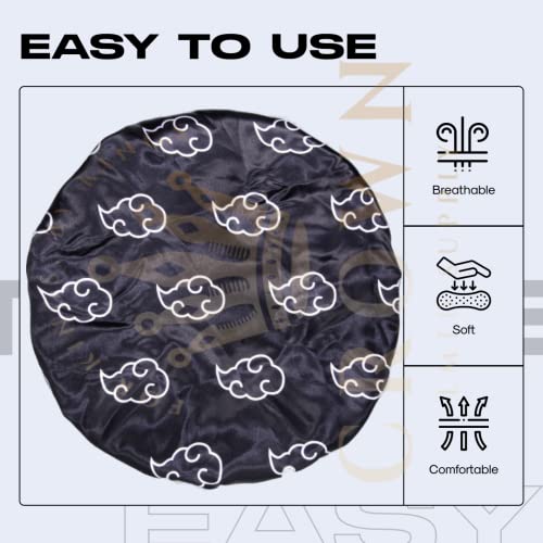 Anime Bonnet with Elastic Soft Band Adjustable Women and Men Silky Bonnets for Sleeping Comfortable Satin Fabric, Black Akat