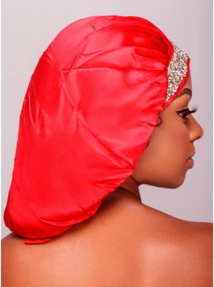 Large Size Soft Silk Bling Bonnet Sleep Cap, Extra Large for Braids, Satin Smooth Rhinestone Night Hat