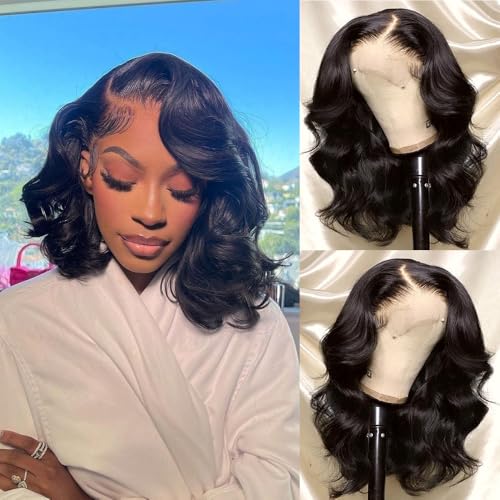Bob Wig Human Hair 13x4 Frontal Lace Wig 14 Inch Body Wave 180% Density HD Transparent Lace Front Wigs Human Hair Wigs for Black Women Pre Plucked Natural Black