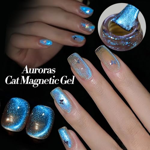 Born Pretty Cat Magnetic Eye Gel Nail Polish Aurora Mermaid Blue Purple Pink Yellow Red Gel Polish Glass Holographic Glitter Gel Nail Polish for Nail Art Manicure Salon DIY 6PCS 7ML
