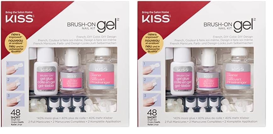 KISS Brush-On Gel Finish Fake Nail Kit French Manicure Set, 48 Short Length Square Shaped French & Natural Glue-On Nail Tips (Pack of 2)
