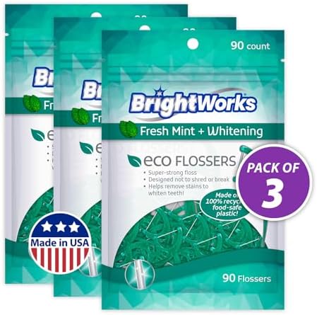 Brightworks ECO Sustainable Floss Picks - 270 Count - PFAS Free - Made in USA100% Post-Consumer Recycled Plastic, Super Strong Mint-Flavored Floss with Micro-Crystals