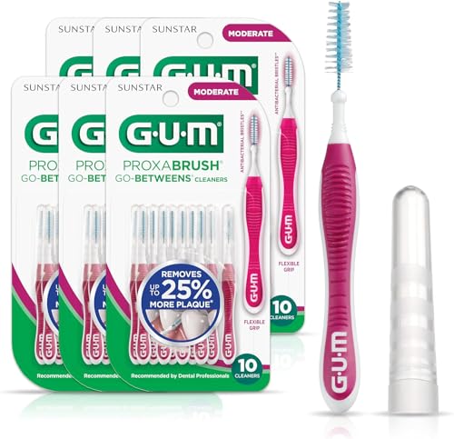 GUM Proxabrush Go-Betweens - Moderate, Interdental Brushes Between Teeth, Dental Picks for Plaque Removal, Safe for Braces & Dental Devices