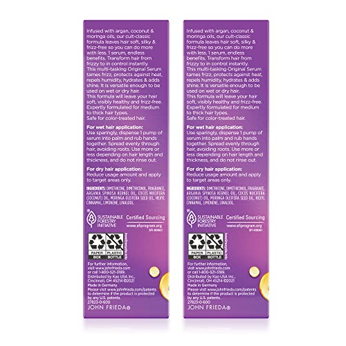 John Frieda Frizz Ease Original Hair Serum, Protecting Against Frizz, Heat, and Humidity While Adding Shine, Hydratesand Smooths Hair with Argan, Coconut, and Moringa Oil, 1.69 Oz, Pack of 2
