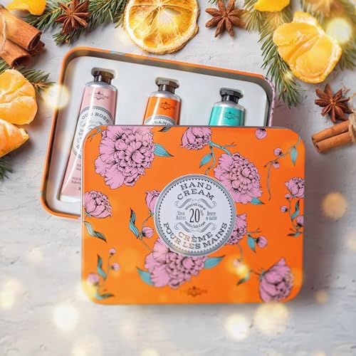 La Chatelaine Hand Cream Trio Tin, Gifts for Mom, Natural Hand Lotion Gift Set, Made in France with 20% Organic Shea Butter, Nourishing & Moisturizing (Gardenia, Orange Blossom, Oud Rose) 3 x 1 fl. oz
