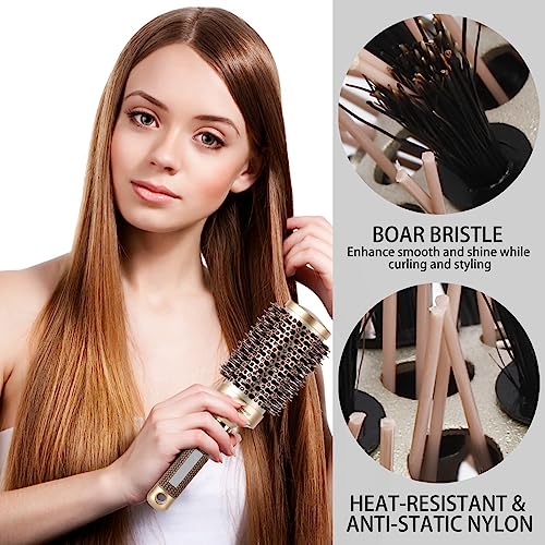 3 Pcs Boar Bristle Round Brush for Blow Drying, Nano Thermal Ceramic and Ionic Tech Hair Brush for Curling and Straightening - Large,Medium and Small Round Brushes