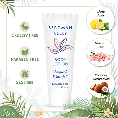 Bergman Kelly - Hotel Toiletries Bundle - Tropical Waterfall, 1 oz each, 100 Pcs - 4-Piece Set: 25 Rectangular Bar Soap, 25 Shampoo, 25 Conditioner & 25 Body Lotion - Bulk Mini Guest Amenities Supply