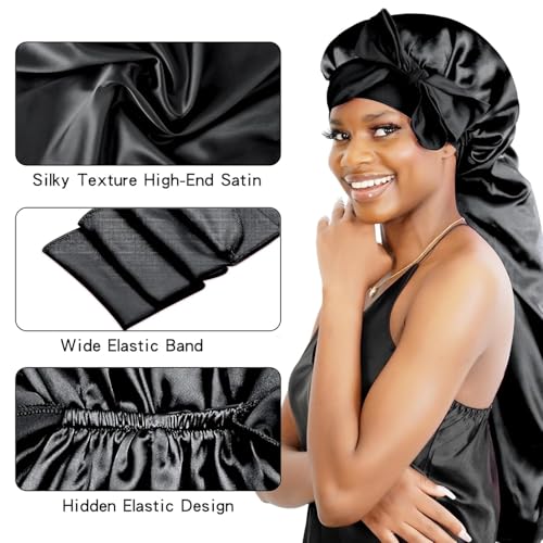 BONNET QUEEN Braid Bonnet Foldable Extra Long Bonnet for Braids Silk Bonnet Satin Bonnet with tie Band Hair Bonnet for Sleeping Night for Locs Black