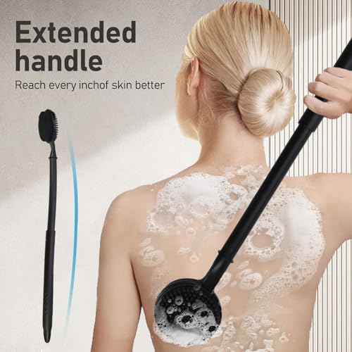 24 Inches Adjustable Bath Brush Long Handle for Shower,Dual-Sided Silicone Back Scrubber for Shower Exfoliating & Massage - Perfect for Elderly, Disabled, Limited Arm Movement (Black)