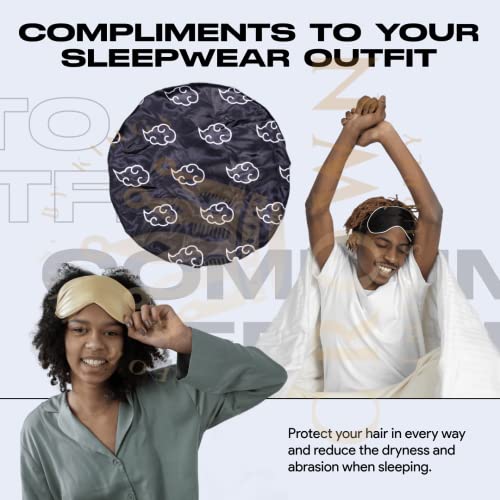 Anime Bonnet with Elastic Soft Band Adjustable Women and Men Silky Bonnets for Sleeping Comfortable Satin Fabric, Black Akat