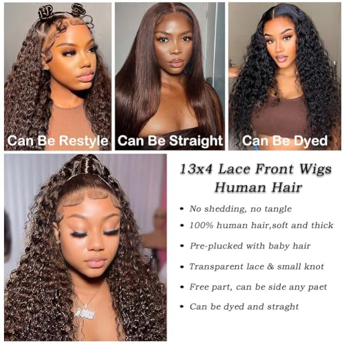 Chocolate Brown HD Lace Front Wigs Human Hair 180% Density 13x4 Water Curly Lace Front Wigs Human Hair Pre Plucked Glueless Wigs Human Hair for Black Women (20Inch, Brown)