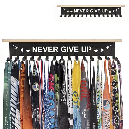 iBobbish Trophy and Medal Hanger Display Shelf, 16inchL, Metal 20 Hooks, Extra Large Bamboo Trophy Board, 33lbs Weight Capacity