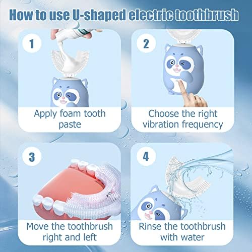 Kids Electric U Shaped Toothbrush Children Rechargeable Sonic Toothbrush with 4 Brush Heads Full Mouth 6 Cleaning Modes - (Age 2-7, Pink)